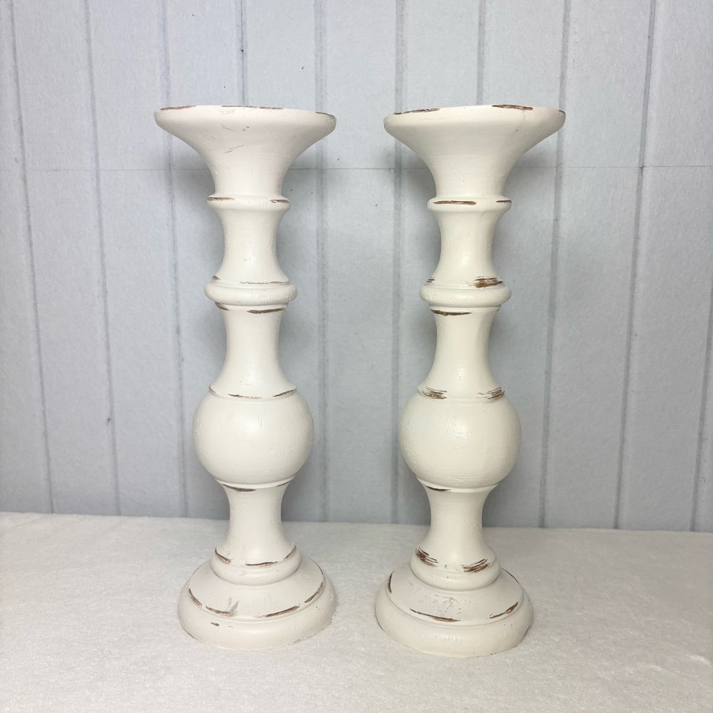 Kirklands Farm Style Distressed 12"‎ Off White Candle Holders